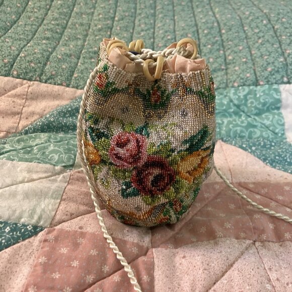 Antique Victorian Beaded Drawstring Purse Reticule Micro Beaded Floral Handbag - Picture 2 of 9